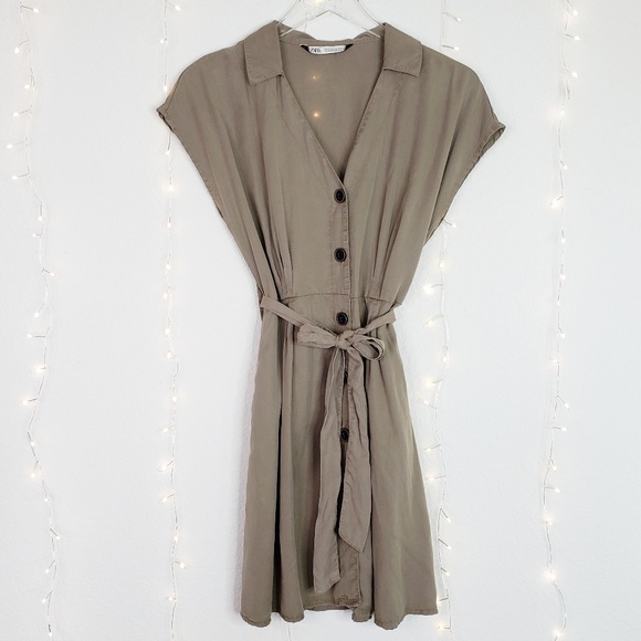Zara Dresses & Skirts - ZARA Khaki Short Sleeve Tie Front Button Up Dress